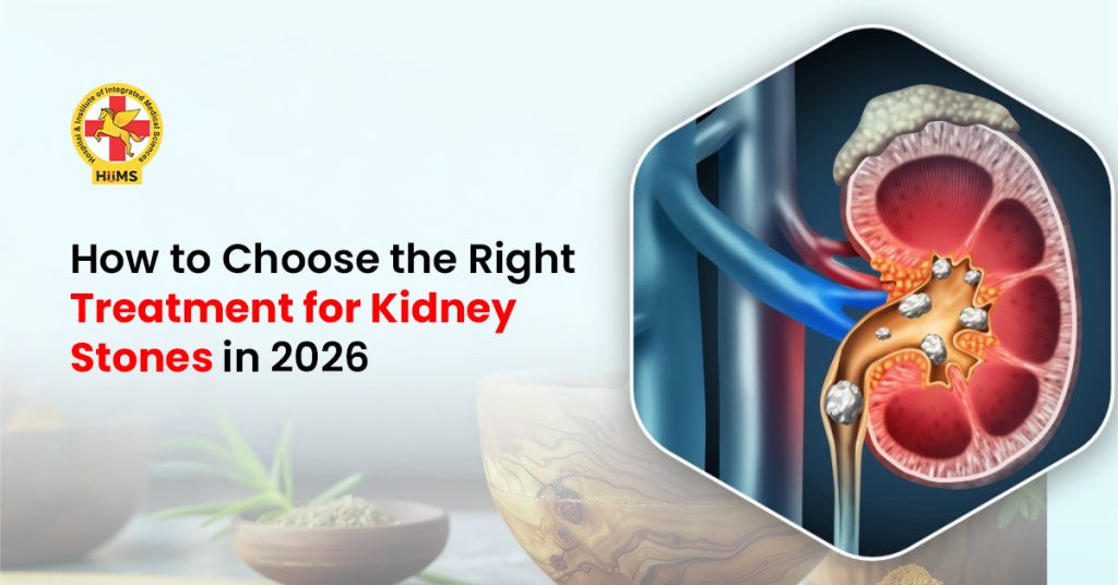 Kidney stone treatment illustration showing kidney anatomy, stone removal methods, hydration, and medical care concept