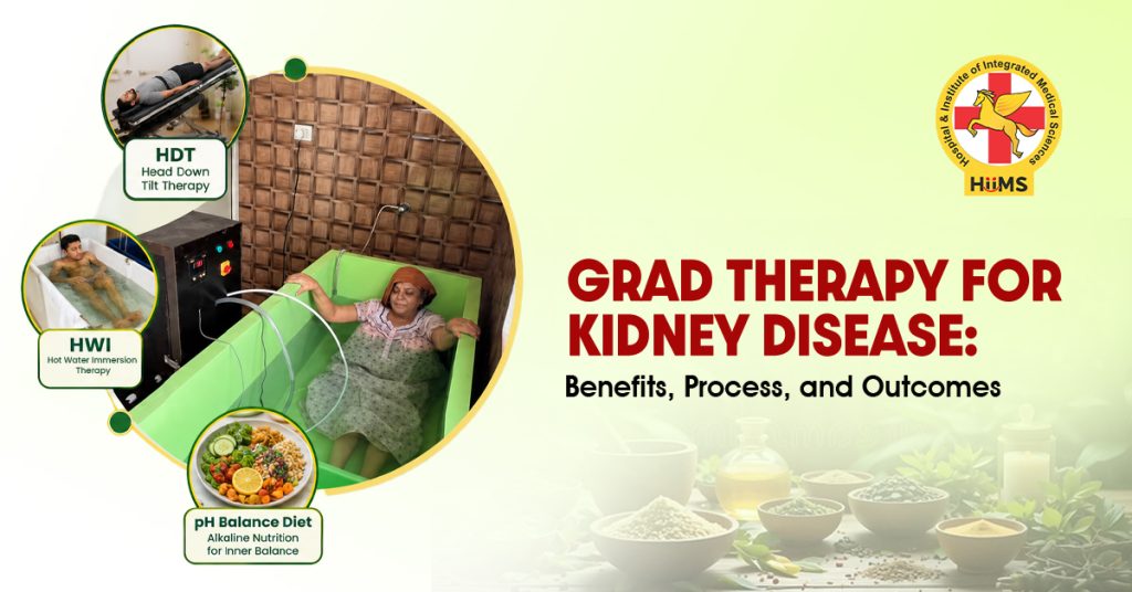 GRAD Therapy for Kidney Disease showing Head-Down Tilt Therapy, Hot Water Immersion Therapy, and pH Balance Diet for supportive kidney care at Jeena Sikho HiiMS.