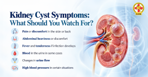 Kidney cyst symptoms, including side or back pain, abdominal discomfort, fever, and changes in urine flow.