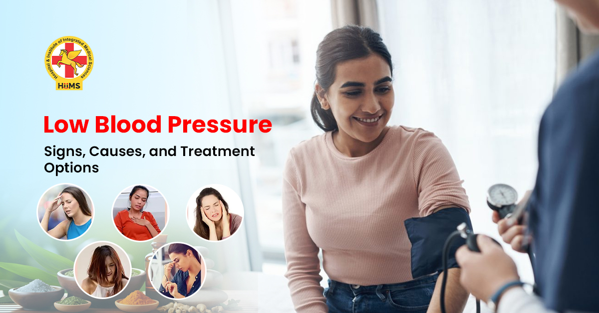 Low blood pressure symptoms illustration showing dizziness, fatigue, and blurred vision signs with circulation diagram