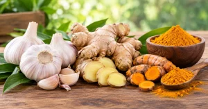 Rustic Garlic, Ginger and Turmeric Still Life