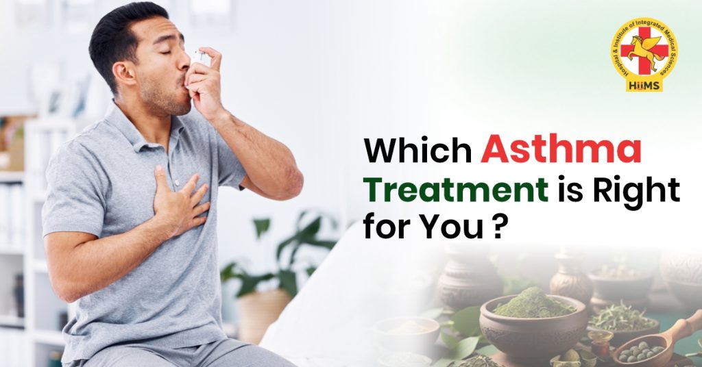 Patient receiving asthma treatment with inhaler for better breathing and lung health