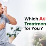 Patient receiving asthma treatment with inhaler for better breathing and lung health